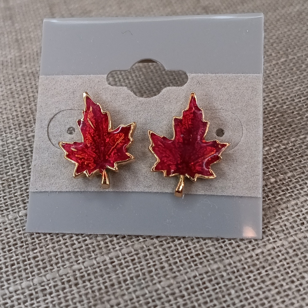 Red Enamel Maple Leaf Pierced Earrings Thailand